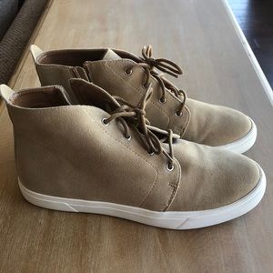 Tan, suede-like, high top sneakers